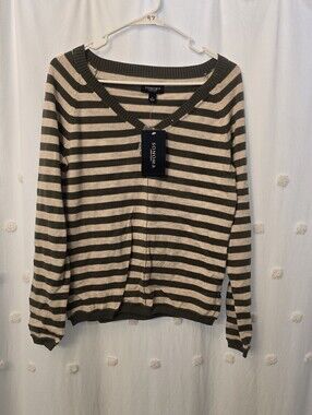 Sonoma Olive Green and Cream Striped V-Neck Sweater Size Small Nwt!